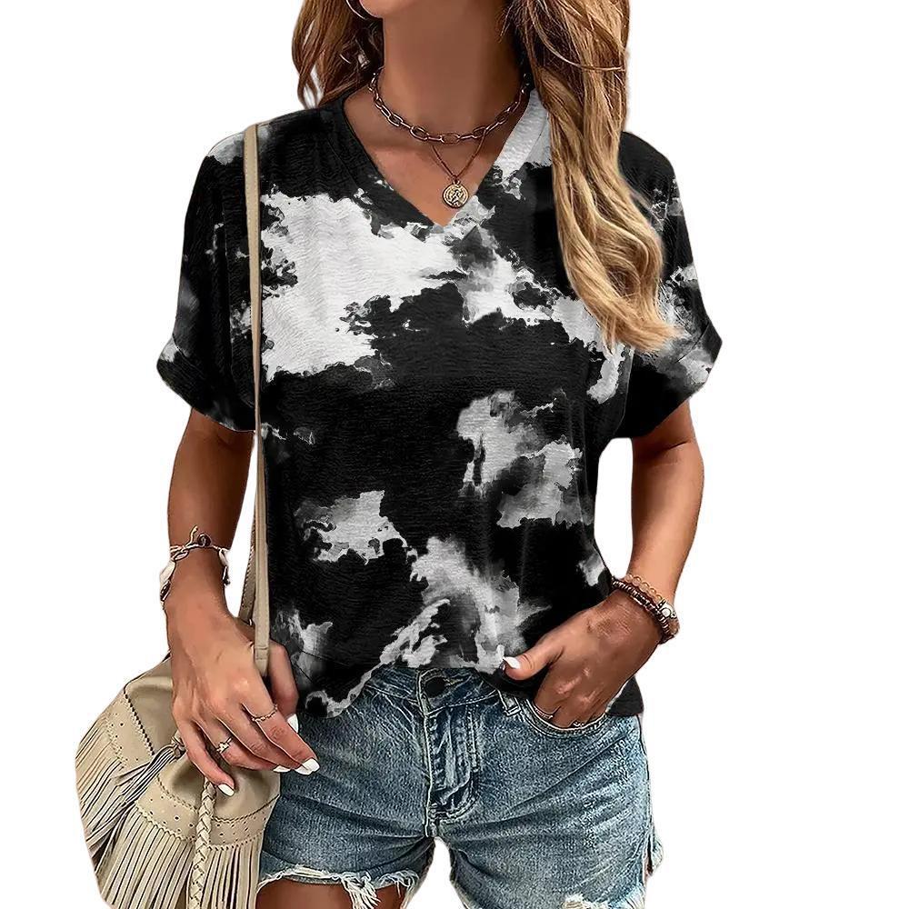 S-8XL Летняя футболка размера плюс для женщин с V-образным вырезом Повседневная мода Граффити Футболки Harajuku Одежда Свободные топы с коротким рукавом Пуловер