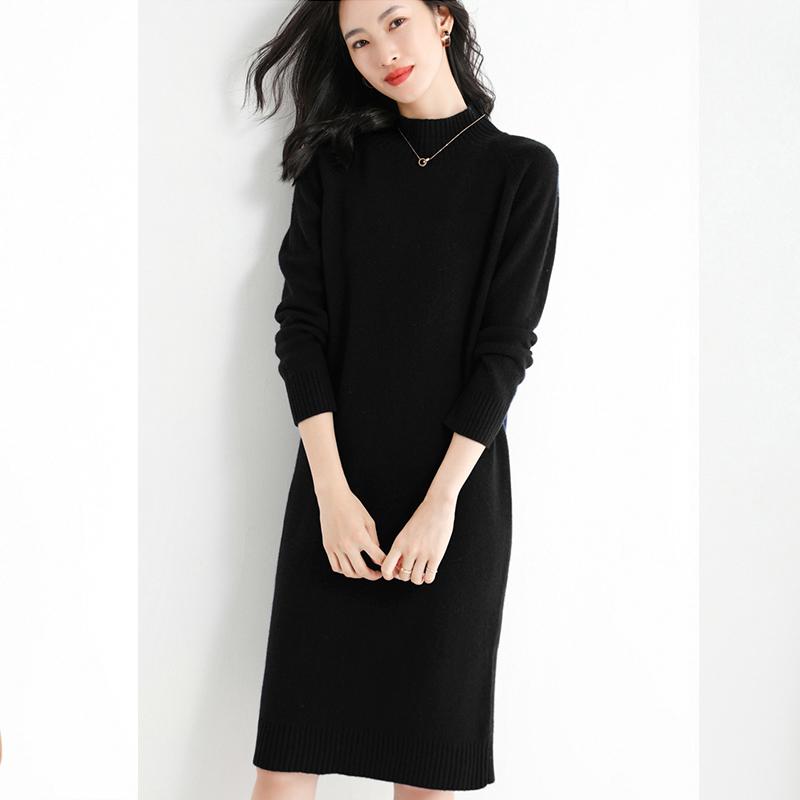 Длинное платье-свитер длиной до колена, женское платье с полувысоким воротником, утепленные теплые трикотажные платья средней длины с низом, весна и осень