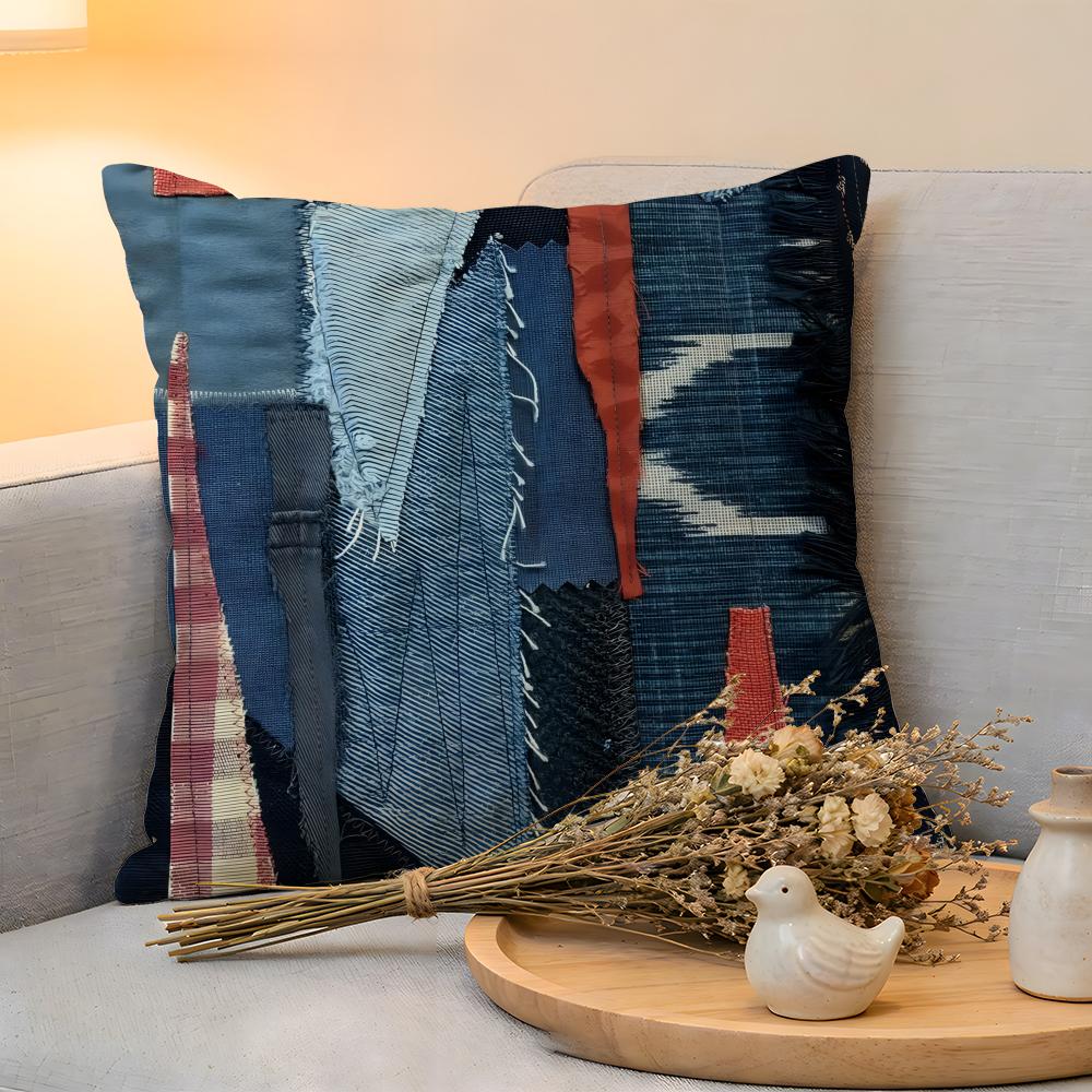 Cushion Cover  Linen  SkinFriendly Soft Decorative Case for Sofa Home Decor Denim patchwork print Pillow cover