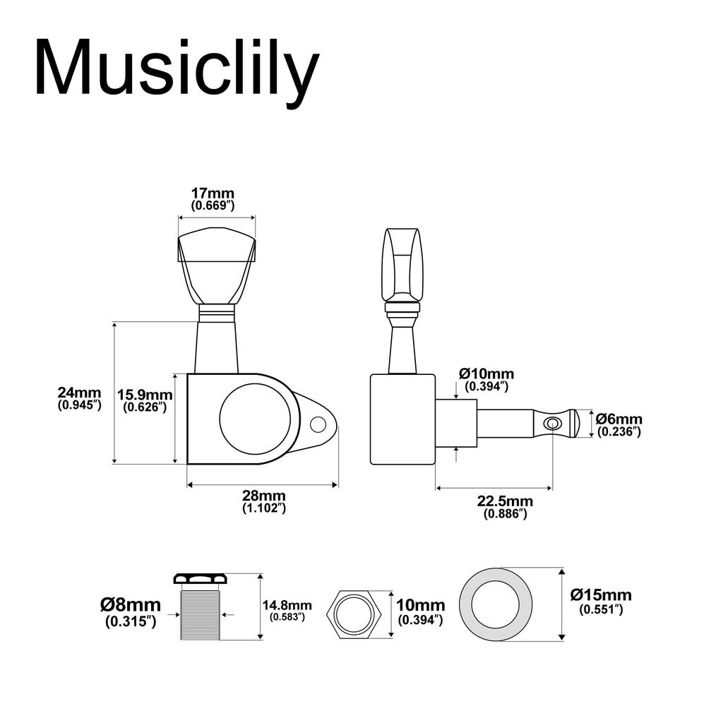 Musiclily 3+3 Закрытых колка для гитары, Хромированные кнопки-ключи, 141, 10 мм