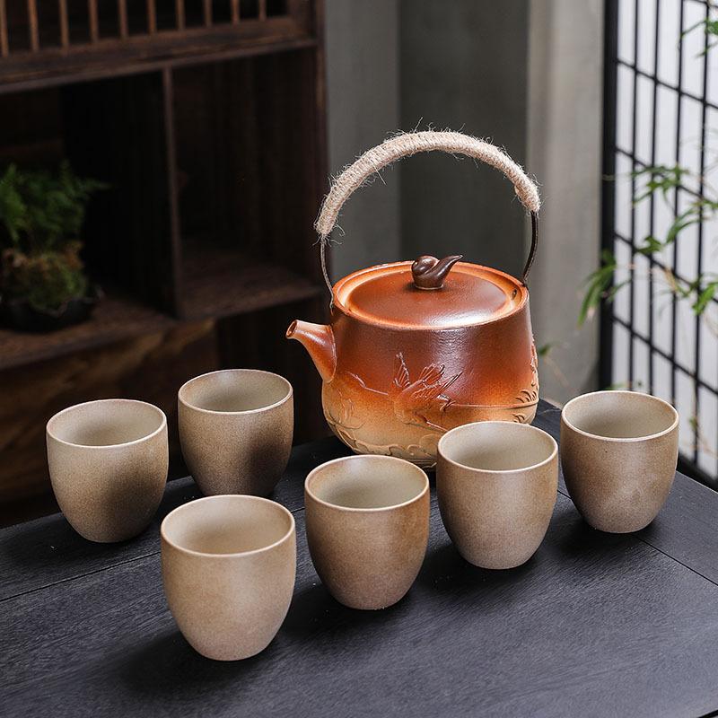 Coarse pottery tea set, household ceramic Kung Fu teacup, beam pot, teacup fireplace tea with gift box.