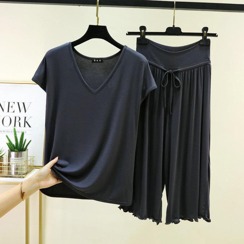 Размеры от M до 6XL Модальные повседневные комплекты пижам с V-образным вырезом, футболки с рукавами и кулиской, отделка с оборками, укороченные брюки, высокая талия, свободный крой, комплекты для отдыха