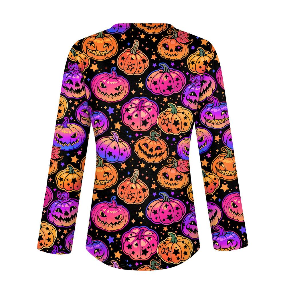Женская повседневная мода, сексуальный комфорт, Хэллоуин с принтом и v-образным вырезом, пуговицы, длинный рукав