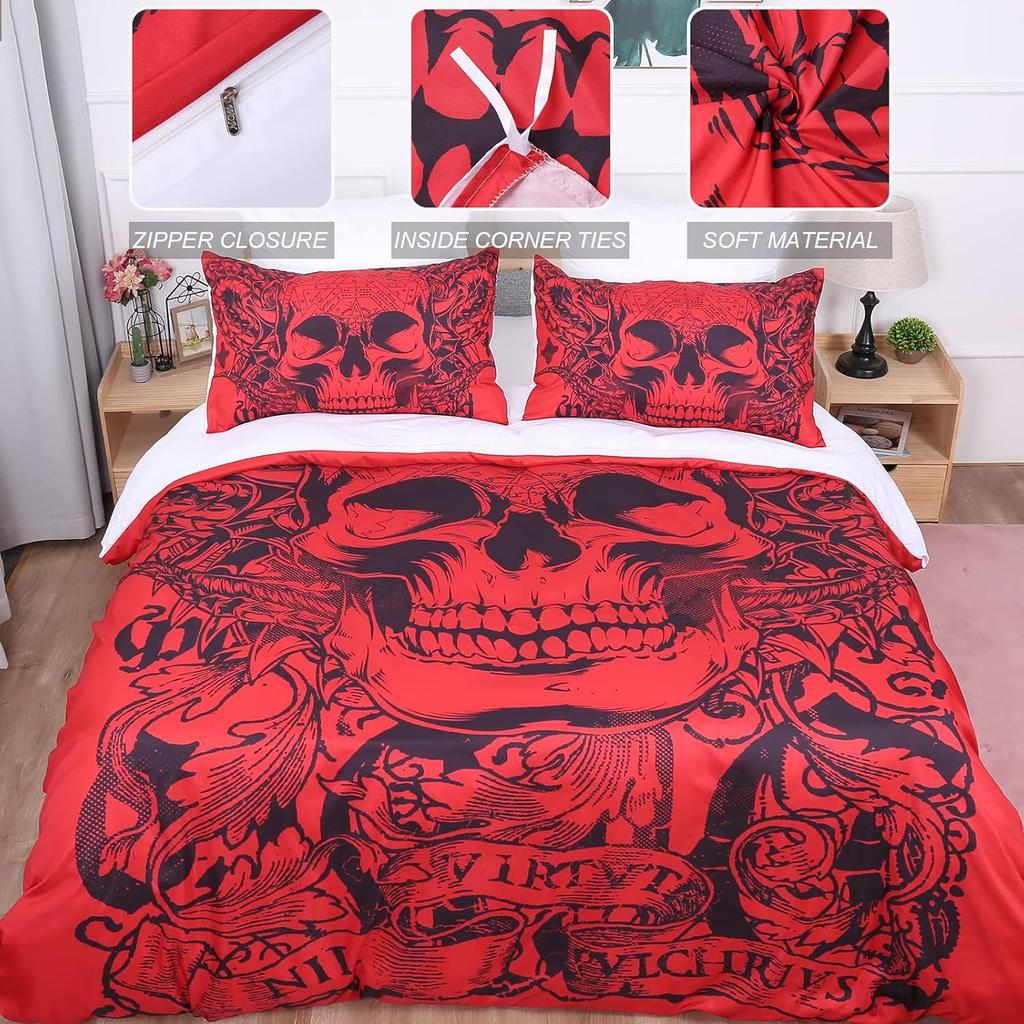 Красный Череп Пододеяльник Готический 3D Тату Принт Комплект Постельного Белья 3шт Хэллоуин Микрофибра Покрывало на Молнии Завязки + 2 наволочки