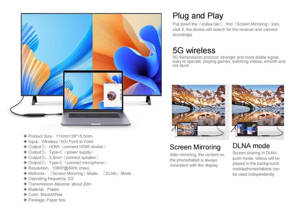 Беспроводное устройство 5G для зеркалирования экрана телефона, компьютера, телевизора, монитора и проектора с HDMI и низкой задержкой