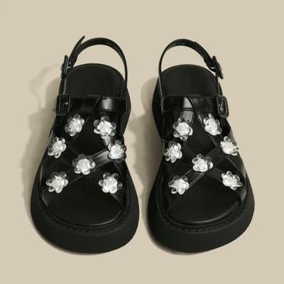 Сандалии, модные британские туфли на танкетке с толстой подошвой и стразами, туфли на плоской подошве с цветочным узором, женские повседневные уличные пляжные сандалии, 2024