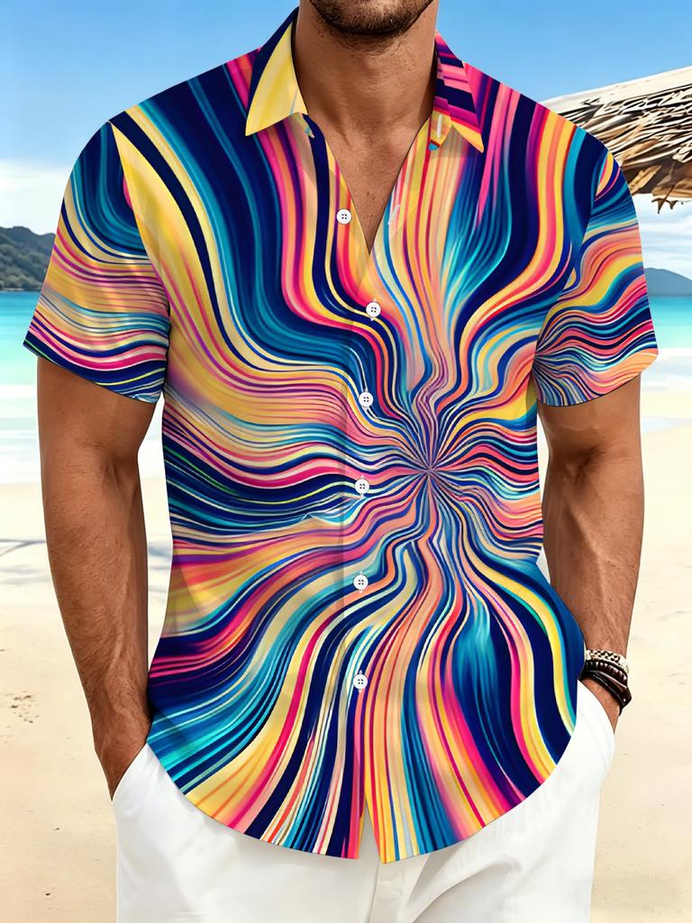 Plus Size Men'S Short Sleeve Shirt, Vibrant Wave Pattern Overweight Casual Short Sleeve Shirt, Wavy Pattern Element Plus Size Men'S Athletic Short