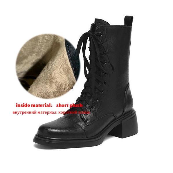 Krazing Pot Cow Skin Round Toe Thick Heels Motorcycle Boots Size 42 Lace Up Women Keep Warm Mid-calf Boots