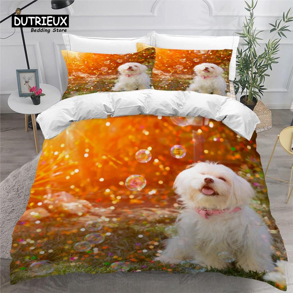 Cute Maltese Dog Duvet Cover Set Pet Dogs Theme Bedding Set Microfiber Kawaii Animal Comforter Cover Twin King For Kids Teens