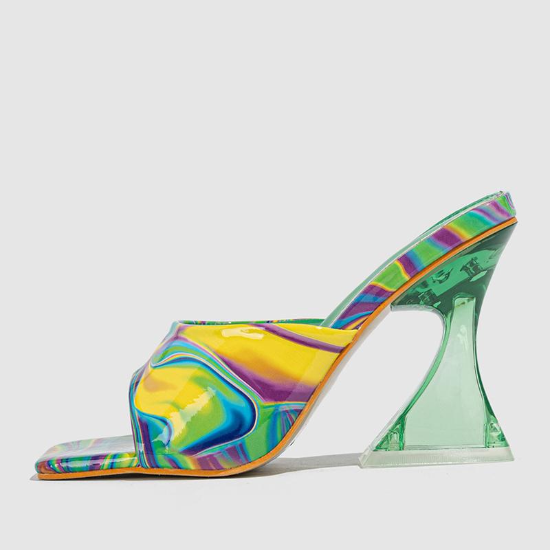 Liyke Странные прозрачные каблуки Современные тапочки Женские разноцветные кожаные сандалии с квадратным носком Летние женские туфли Туфли-лодочки Размер 42