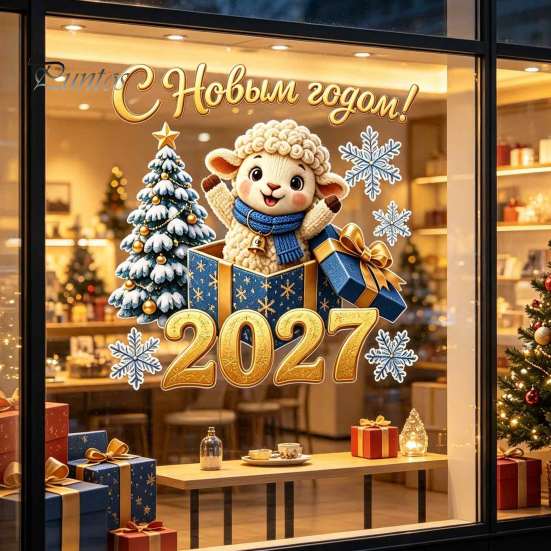 Неадгезивные наклейки на окна Русская Новогодняя Овечка 2027, Съемная статическая наклейка из ПВХ с легко очищаемыми стеклянными аппликациями Дерево и Снежинка