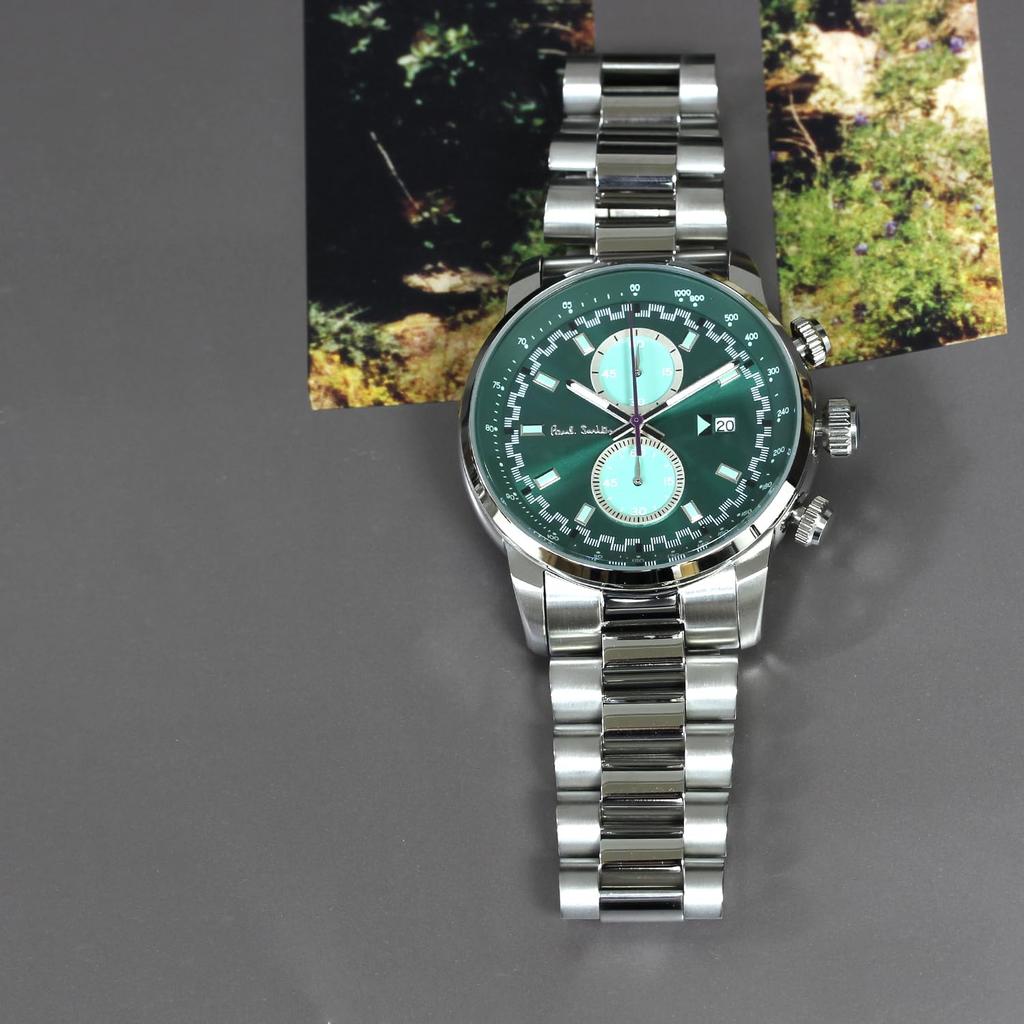 PAUL SMITH Paul Smith Часы Block Block Chrono Металлический ремешок P10038 Мужские Зеленый/Серебристый