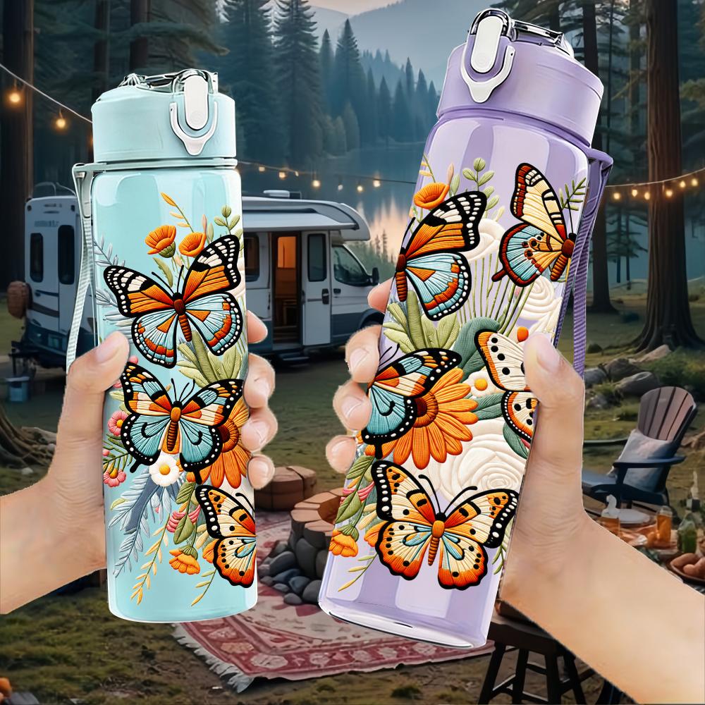 1PC Vintage Butterfly Bouquet 750ml Color Plastic Sports Water Bottle Leakproof Flip Straw Lid Suitable for Sports Office Home Use