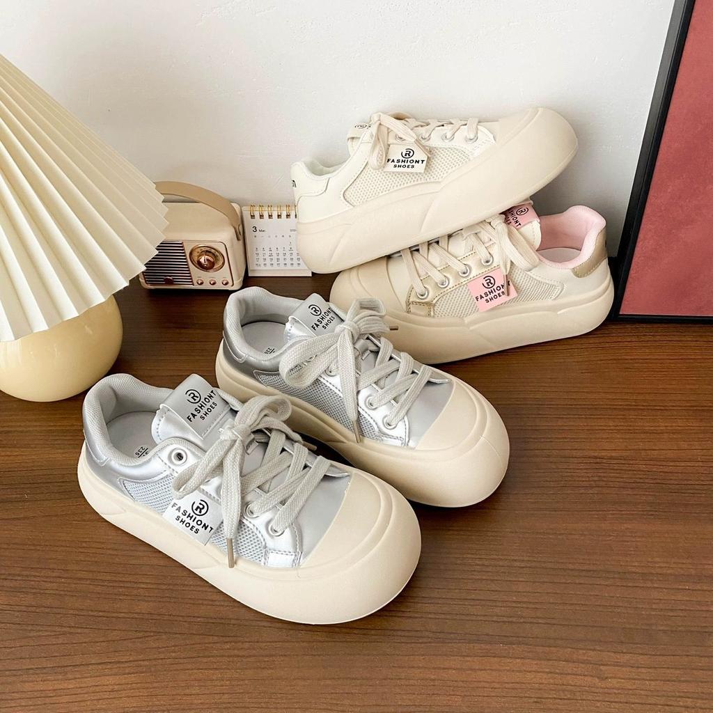 Cream Through Net Thick-soled Little White Shoes Female Ugly Cute Summer New Big Head Board Shoes Round Head Bread Shoes