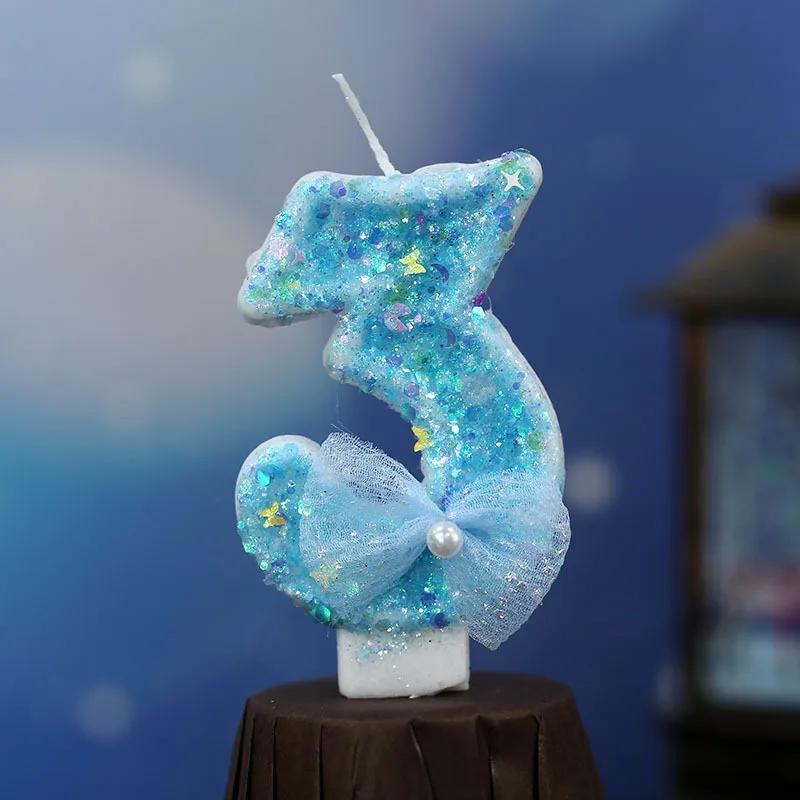 Y 3D Blue Bow Sparkling Number Candles - Birthday Cake Topper with Glitter Accents, Kawaii Party Decor for Birthdays/Weddings