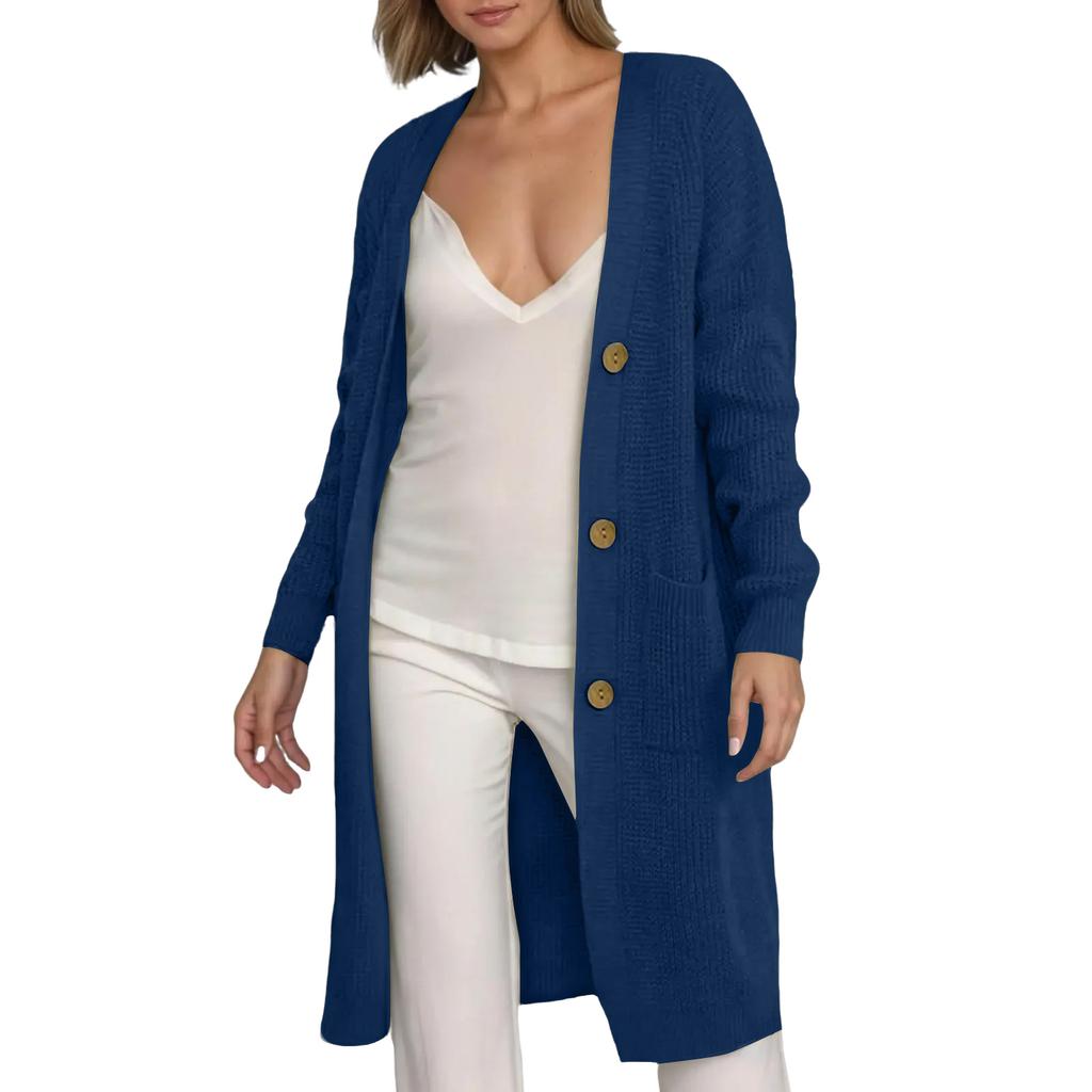 Women's Solid Color Long Sleeved Knee Length Knitted Cardigan, Lazy Trend, Medium Long Hair Jacket