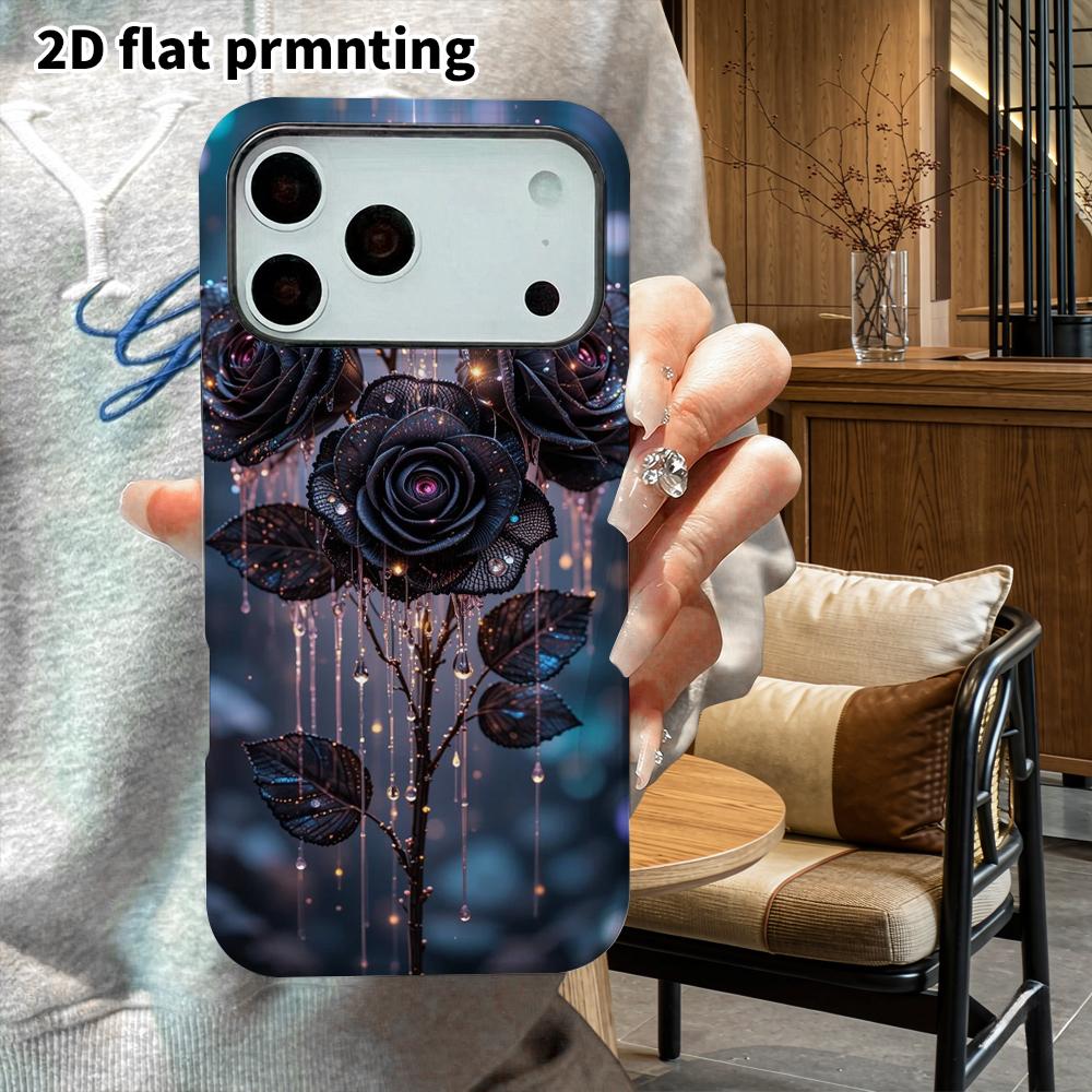 Phone Case: 2D flat suitable for iPhone 18, 17, 16, 15, 14, 13 Pro film protective case, couple style, ice crystal black rose, Christmas and Halloween