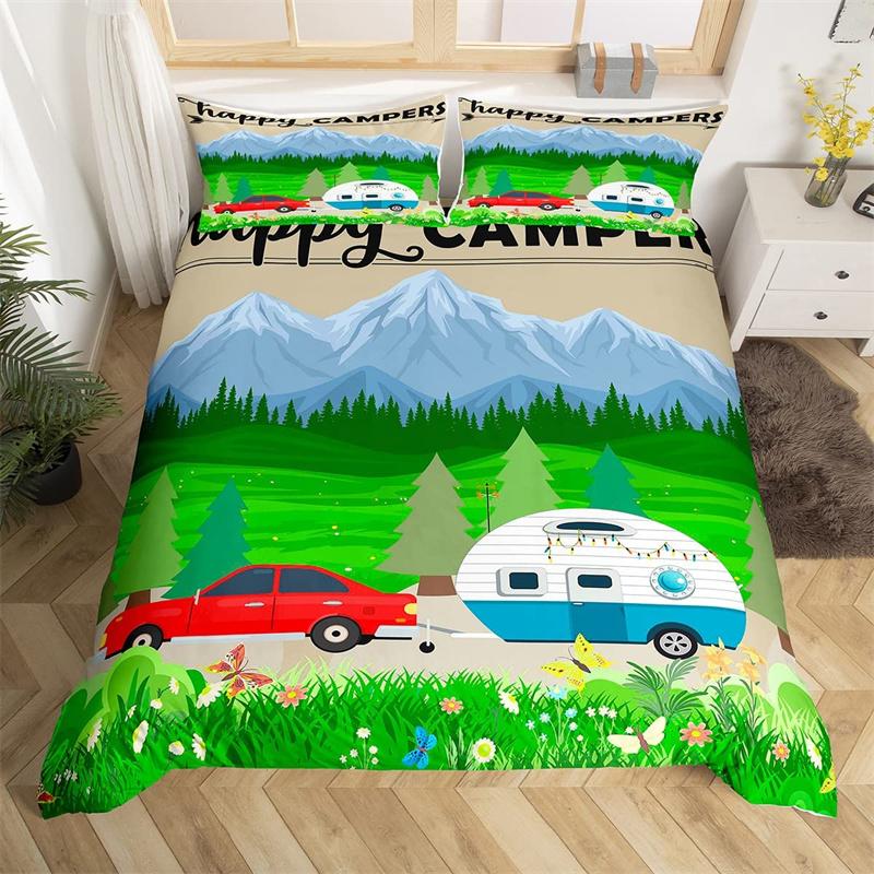 Пододеяльник для кемпинга из микрофибры Galaxy Stars Moon Happy Camping Одеяло для кемпинга Camper Truck Geometry Mountain Trees Комплект постельного белья