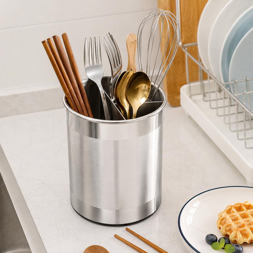 Stainless Rotating Kitchen Utensil Holder with Dividers, Multifunctional Countertop for Chopsticks, Cutlery, Spoons, Forks