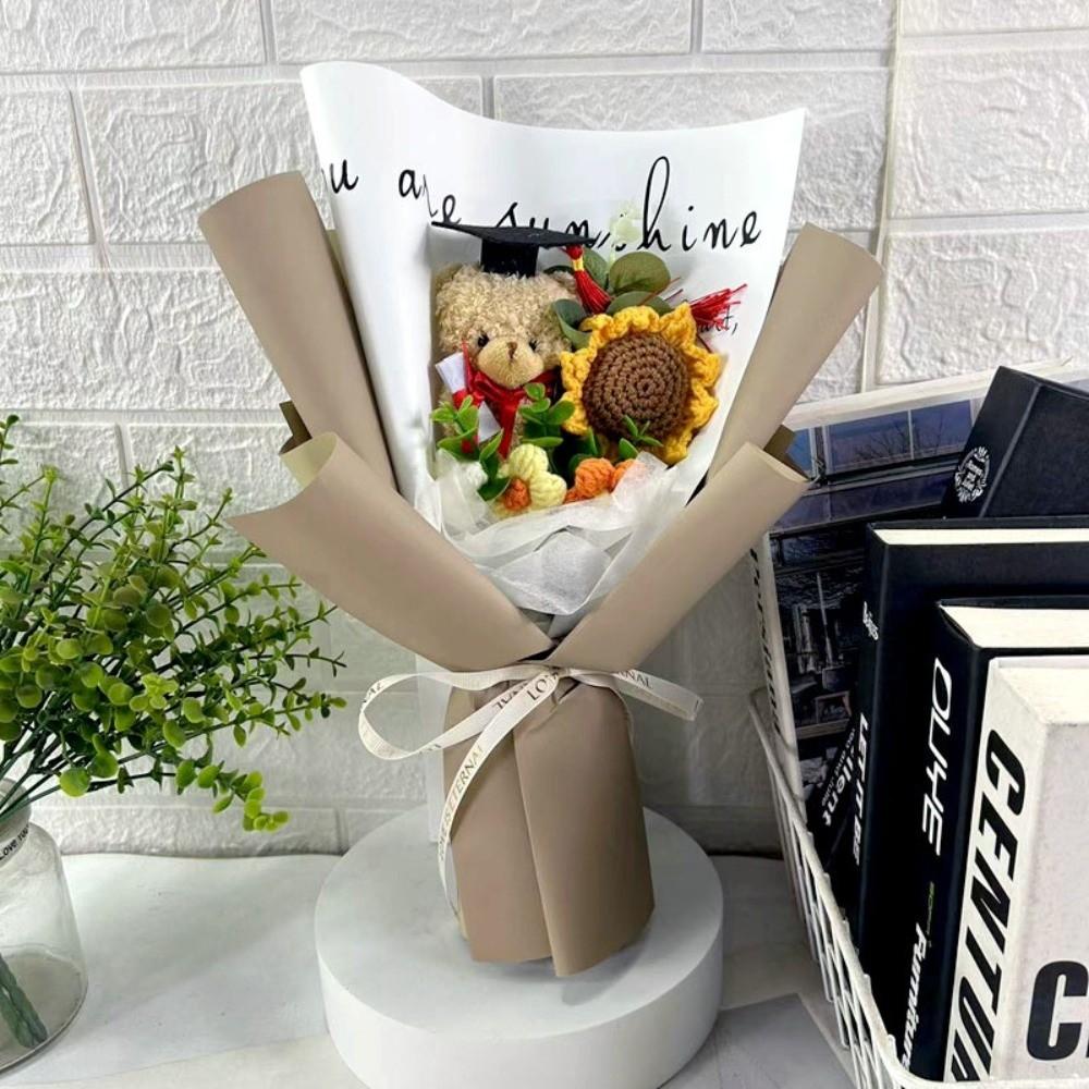 New Lovely Bear Simulated Flower Bouquet Crochet Sunflower Handmade Sunflower Flowers Animal Bouquet Graduation Ceremony