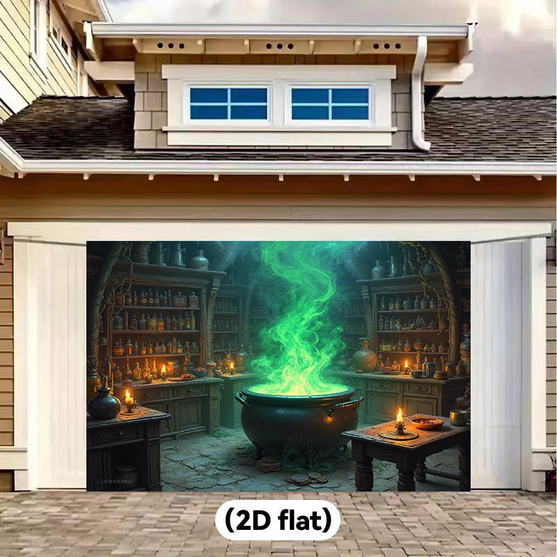 1 piece of 2D banner, Halloween-themed banner with witch cauldron and mysterious green smoke, suitable for horror decoration