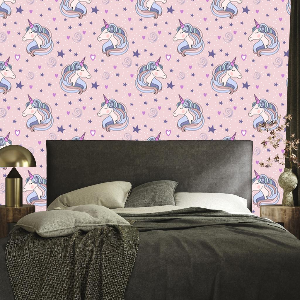 Sleeping unicorns wallpaper in front of stars and hearts for living room and bedroom 50x1000