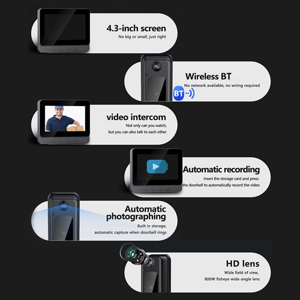 4,3-дюймовый IPS-экран, 2,4G, беспроводной визуальный дверной звонок с внутренней связью с экраном, беспроводное соединение BT