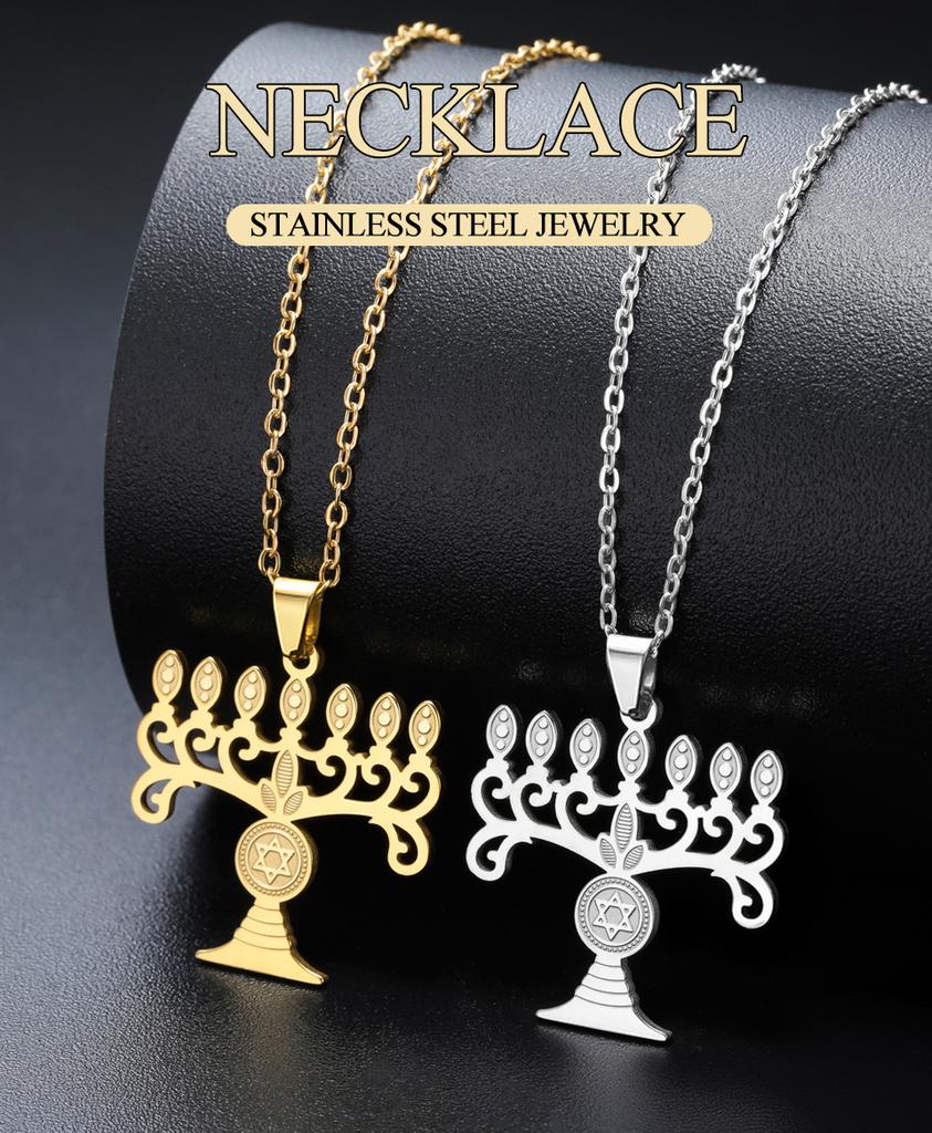Chanukah Menorah Necklace Religious Jerusalem Temple Hanukkah Shammash Pendant Stainless Steel Judaica Jewelry