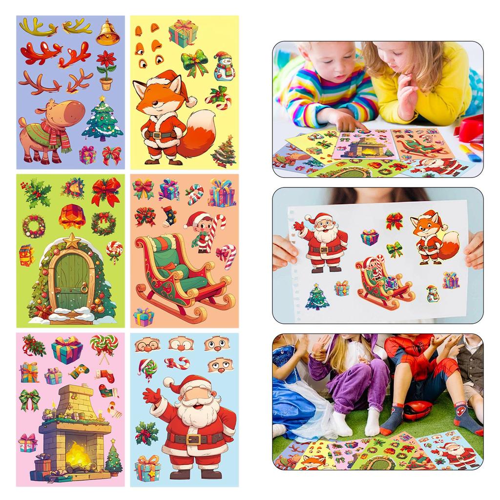 6 Pieces/set Christmas Face Changing Puzzle Stickers Children's DIY Puzzle Cartoon Stickers Elk Face Changing Stickers