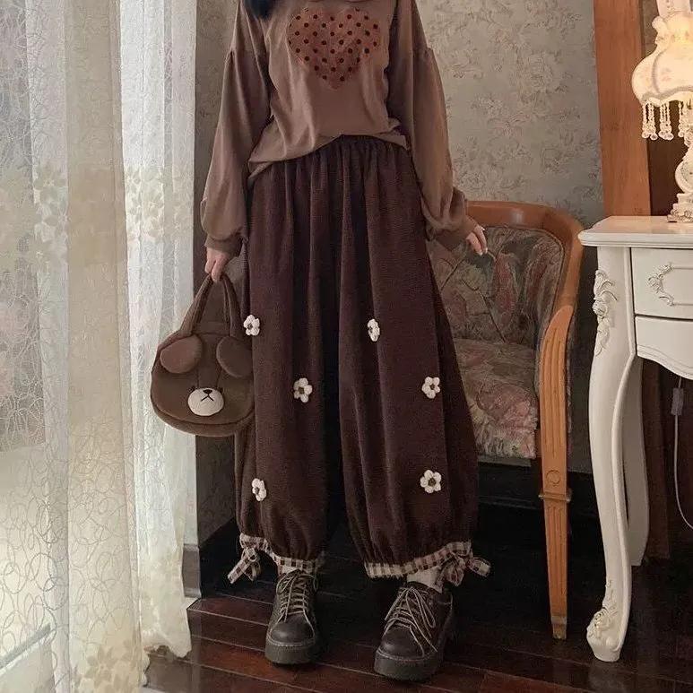 Японские милые цветочные вельветовые широкие повседневные брюки женские винтажные милые свободные брюки для девочек спортивные штаны Harajuku