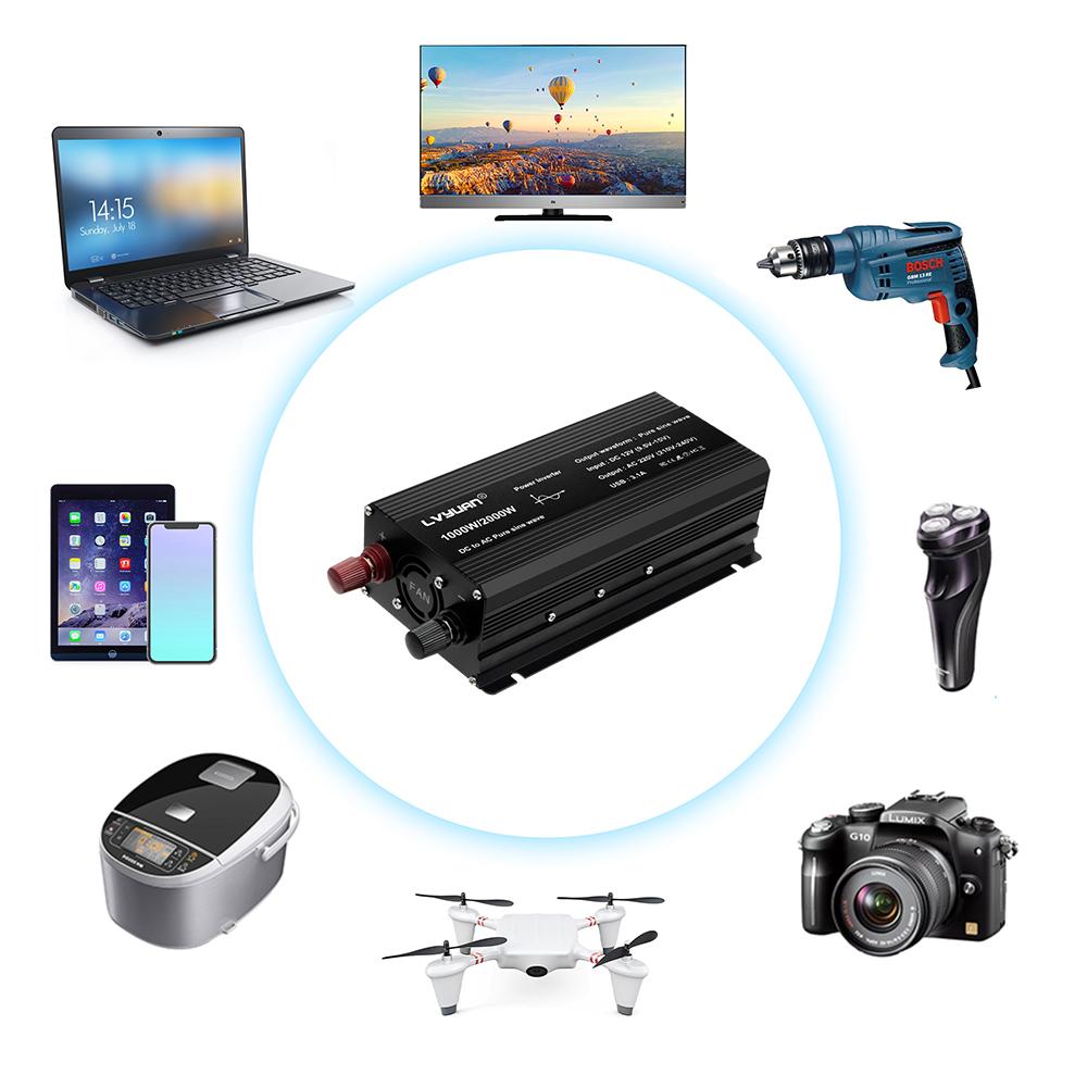 2000W (Вершина горы) 12 В до 230 В 1000 Вт Номинальная мощность Чистый синус Инвертор 2 x 5 В 2,4 А USB Подходит для Кемпинга Дома Автономные Солнечные Системы