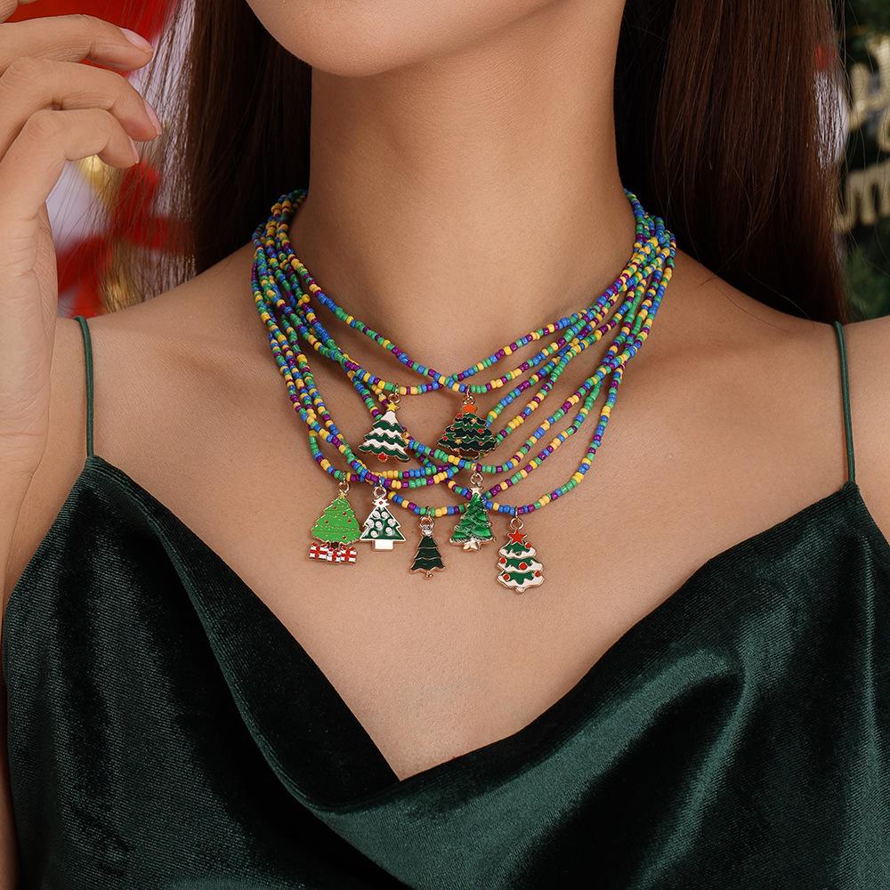 Green Christmas Tree Seed Bead Necklace Set - Holiday Choker Jewelry