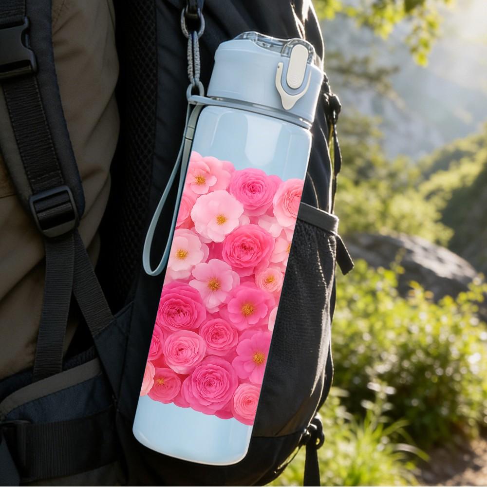 1PC Pink Chrysanthemum Full Bloom Print 750ml Color Plastic Sports Water Bottle Leakproof Flip Straw Lid Suitable for Sports Office Home Use
