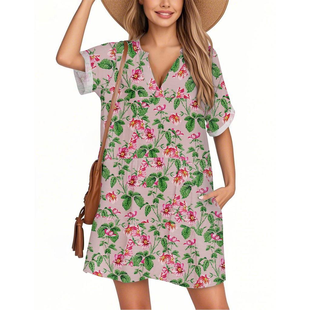 Women's Fashion Smock Hawaiian Floral Casual Short Sleeve V-neck T-shirt Dress Holiday Beach Dress