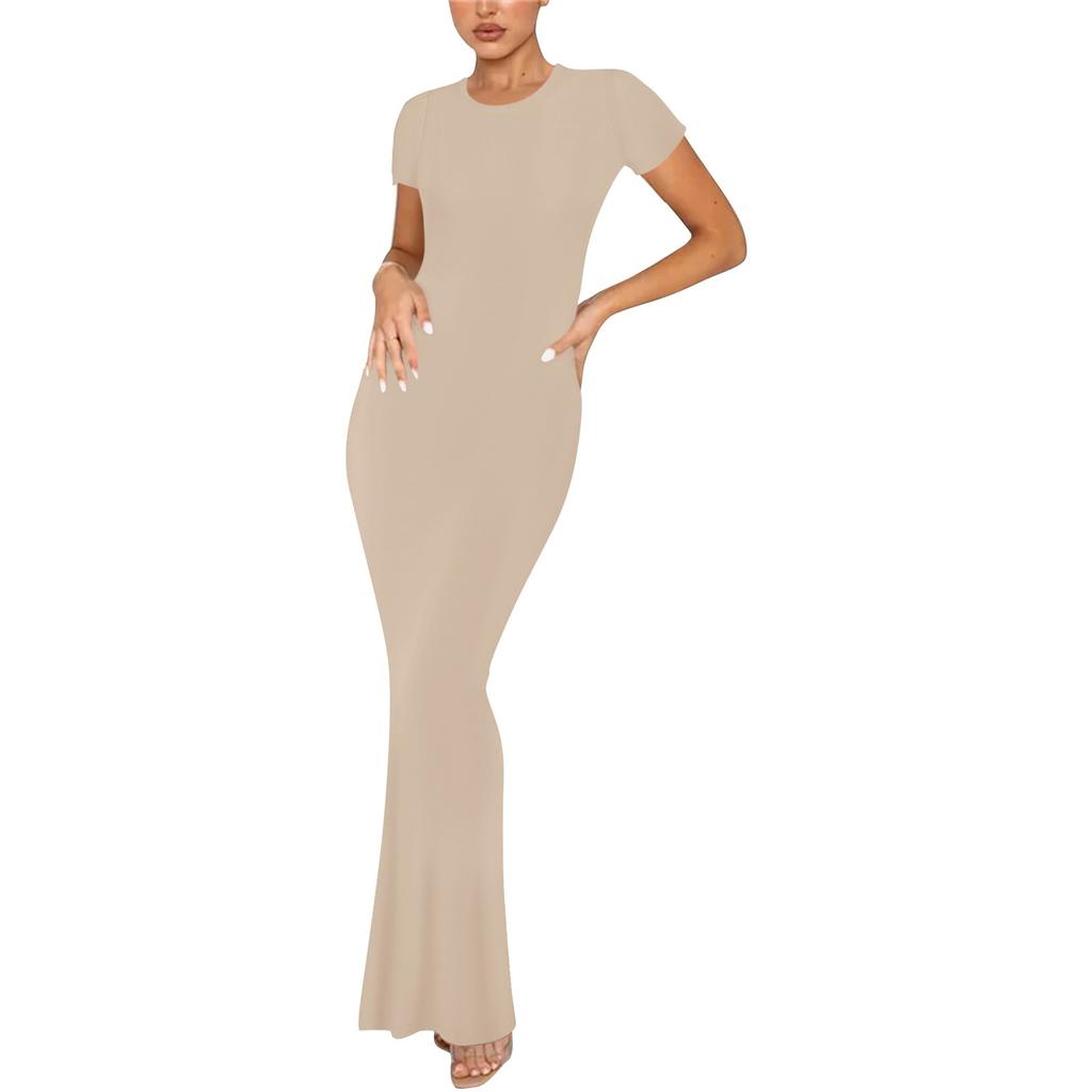 Женское модное и сексуальное однотонное длинное платье с круглым вырезом и короткими рукавами