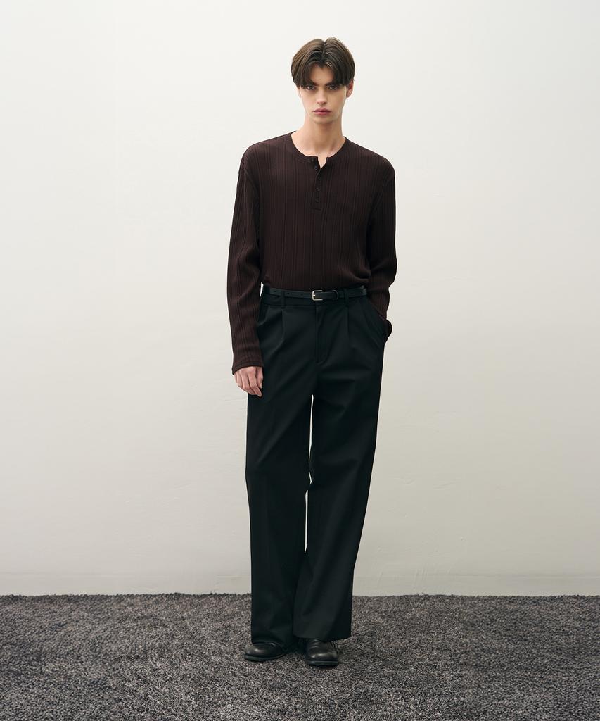 DRAW FIT Ribbed Henley Neck T-Shirt [Brown]