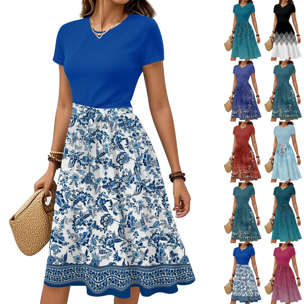 Women's Casual Fashion Belted Floral Print Short Sleeve Round Neck Elegant Dress