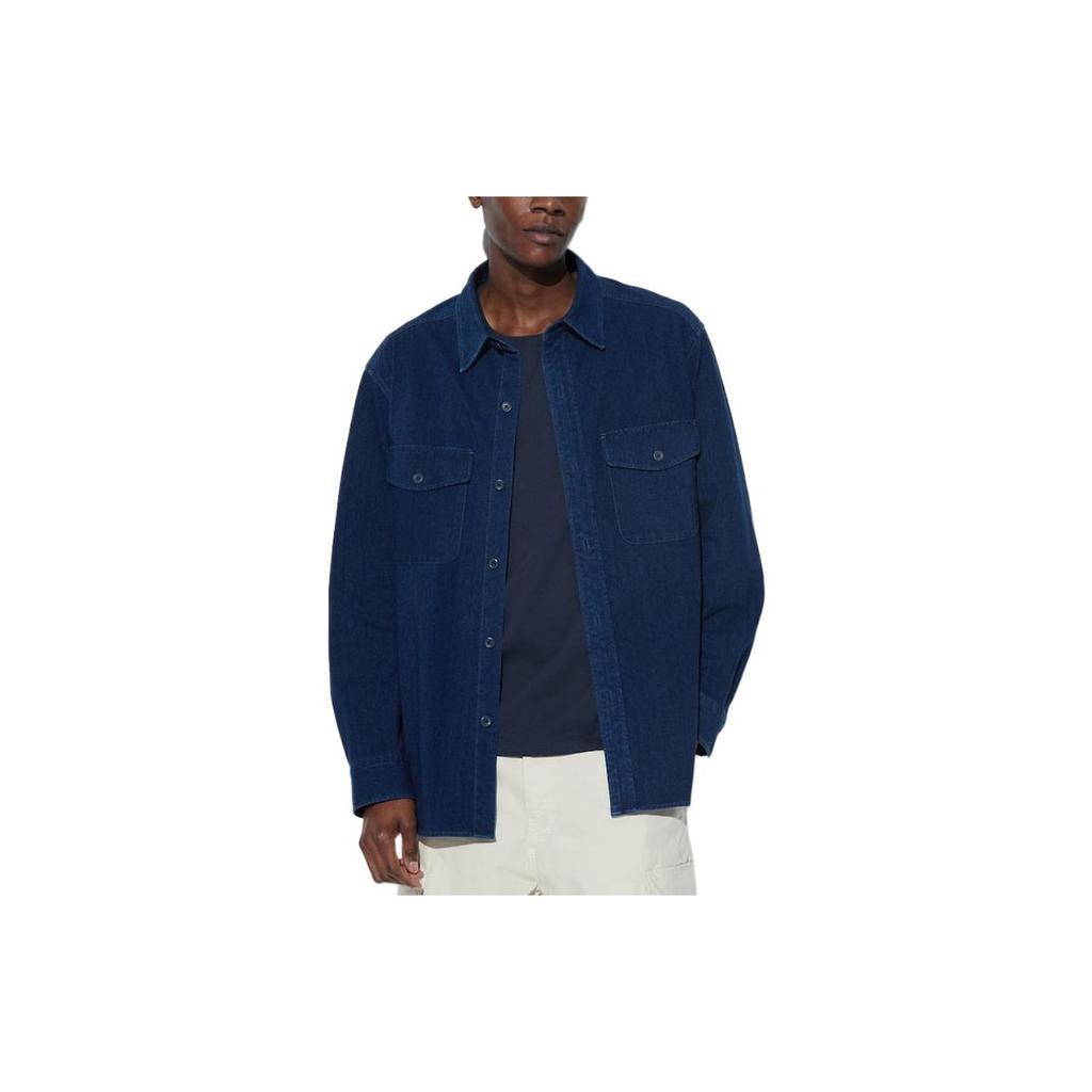 Uniqlo Модная универсальная удобная свободная рабочая джинсовая рубашка с длинным рукавом унисекс Морской синий 467438-67