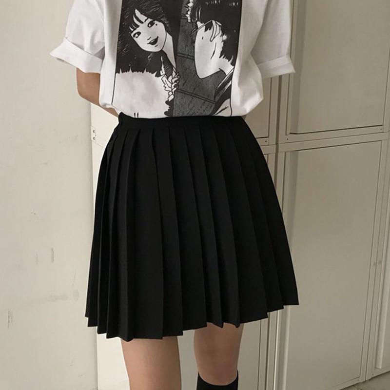 WTEMPO Elastic High Waist Y2K Schoolgirls Solid Pleated Skrits Women Casual All-match Korean Black Grey Mini Skirt Streetwear