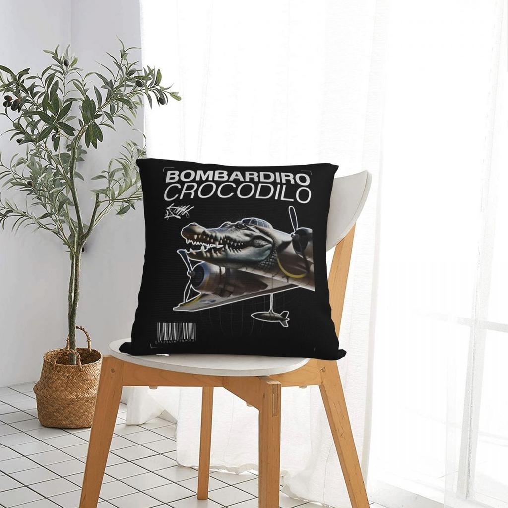 Bombardiro Crocodilo Square Pillow Cases Meme Crocodile Plane Cushion Cover Zipper Decorative Pillowcase for Living Room 18x18