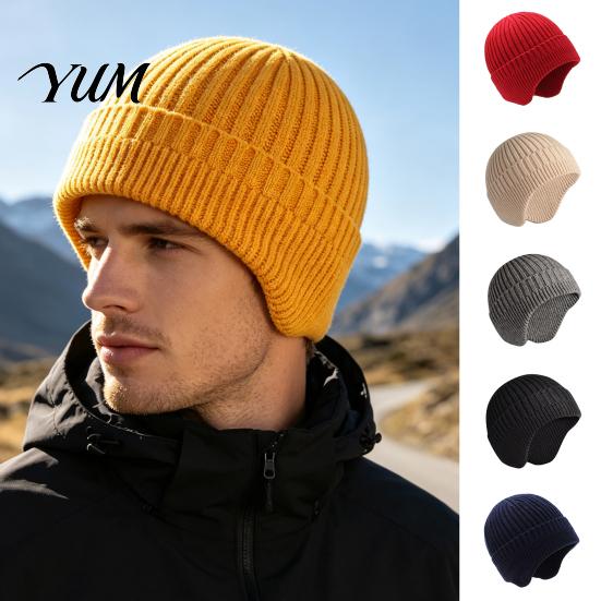 Stylish Winter Accessory for Down Jackets Knitted Hat with Ear Flaps Men, Soft Fleece Lined Hat, Stretchy Secure Fit Running Cap Thermal Cap,