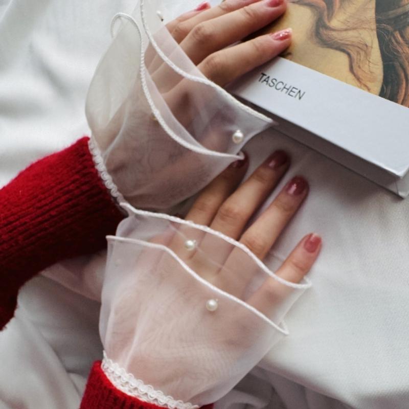 Элегантные кружевные нарукавники Дышащие сетчатые перчатки Жемчуг Бусины Многослойные накладные рукава Для женщин Модные аксессуары к свитеру