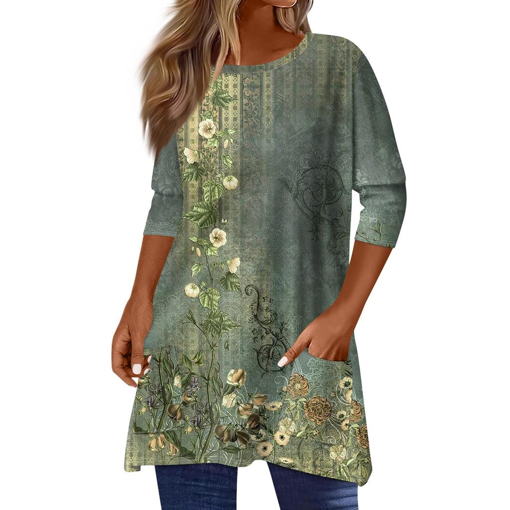 3/4 рукава кармана топы для женщин футболка повседневный принт средней длины топы футболка круглый вырез пуловер блузка