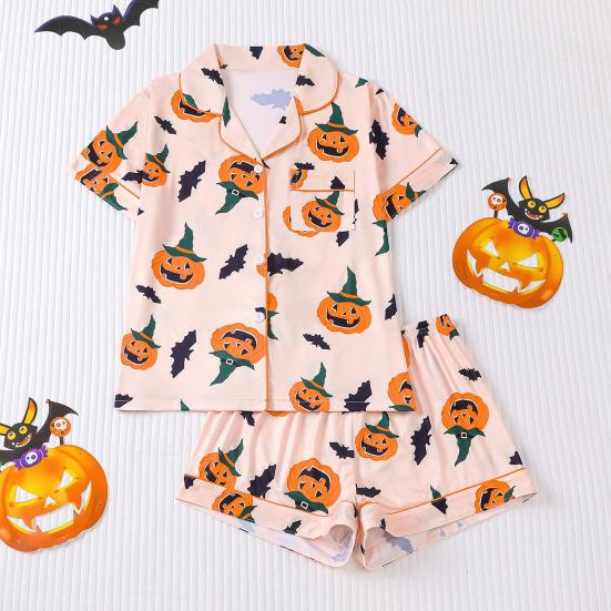 Womens Halloween Pajamas Set Button Down 2 Piece Pjs Shorts Set Pumpkin Print Short Sleeve Sleepwear Sets
