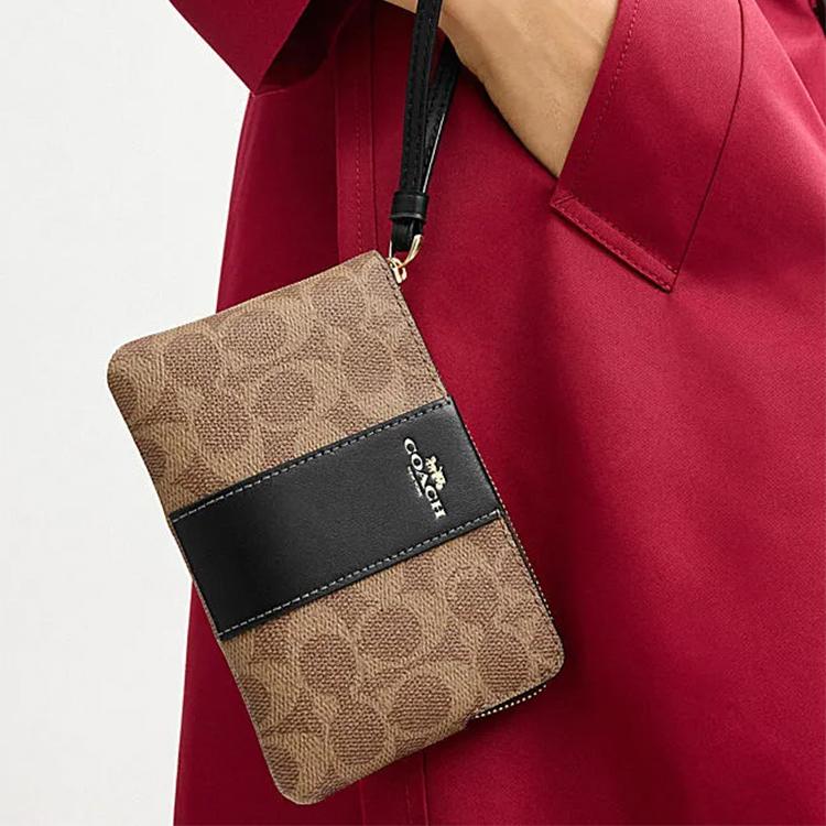 Coach Угловая молния 16 Логотип Молния Застежка Кошелек на запястье Женский кошелек на запястье Коричневый Желтый Черный CW854-IMQRX