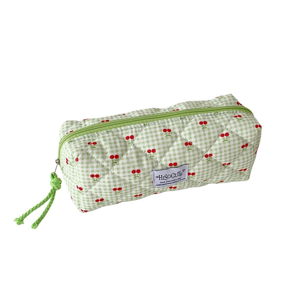 Single Layer Korean Cherry Pencil Case Cute Design Cloth Plaid Pen Bag Student