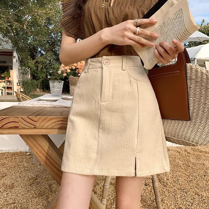 High-Waisted Corduroy A-Line Bodycon Skirt - Women's 2024 Autumn/Winter Fashion