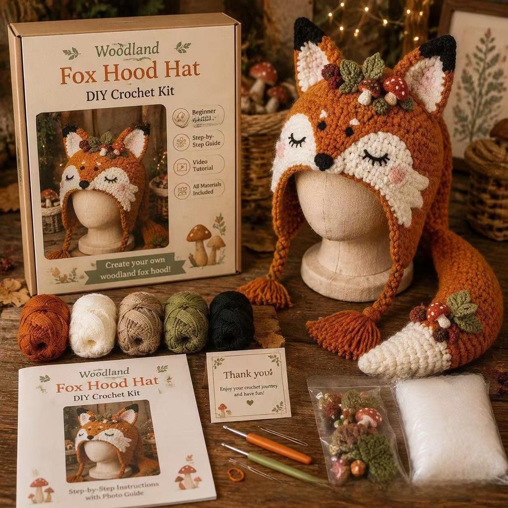 DIY Crochet Kit with Hood Hat, Handmade Knitted Animal Hat, Portable Creative Craft Gift for Beginners, 41 Styles