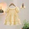 Детская одежда, лето 2023, милое желтое платье в горошек для девочек, детские шифоновые платья с квадратным воротником и повязкой на голову