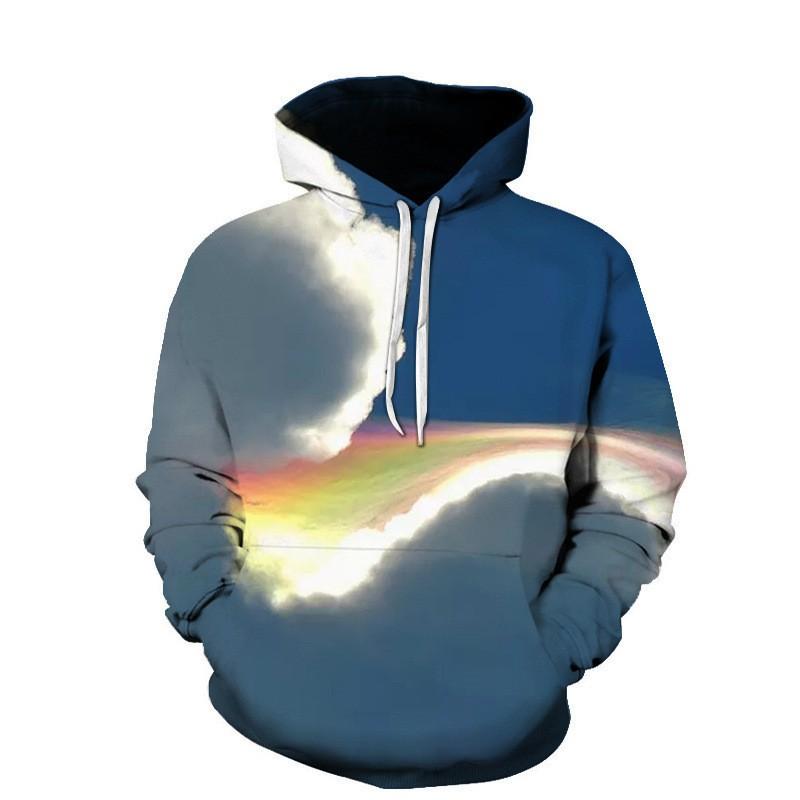 Mens Long Sleeve Hooded Sweatshirt With 3D Cloud Print Loose Fit Casual Pullover Fall